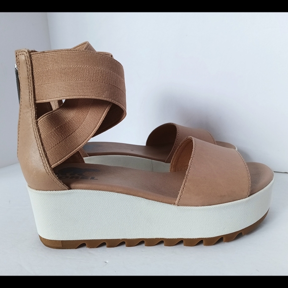 🤎 Sorel Tan Wedge Sandals Ballet Ankle Leather White Womens 5.5 Platform - Picture 6 of 13